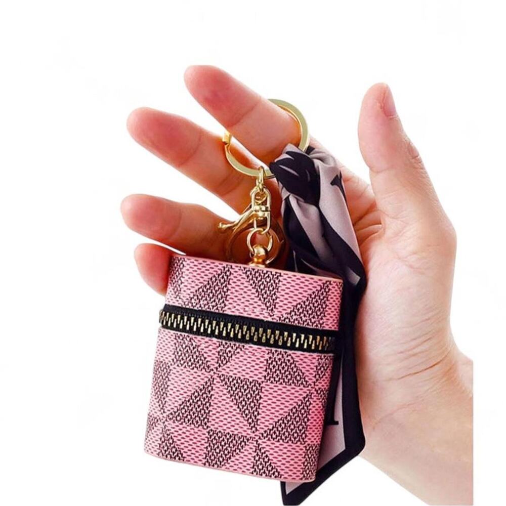 Ear bud holder keychain bag charm Pink with scarf 2.4 inches x 4.8 inches